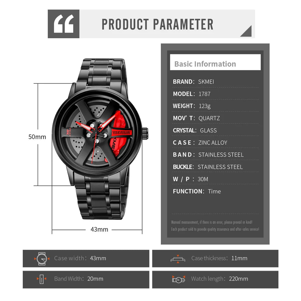 New Car Wheel Watch with Rolling Creative Fashion Analog Watch, Black Dial Zink Alloy Case Men's Watch, Stainless Steel Black Color Band, Quartz Movement, Water & Scratch-Resistant-199 ⭐⭐⭐⭐⭐(4.9/5)