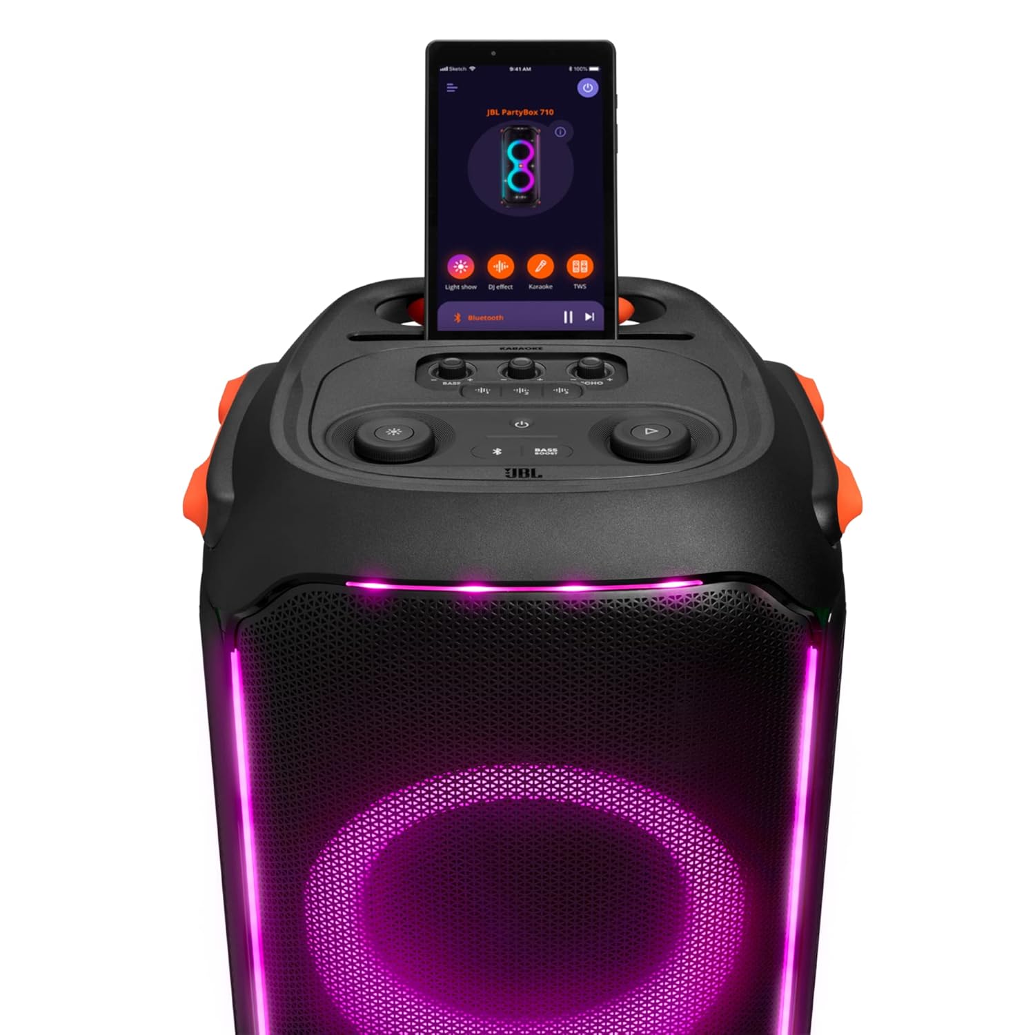 PartyBox 710 Bluetooth Party Speaker with Dynamic Music Synced Flashing Club Pattern Lightshow, Pro Sound, Splashproof, PartyBox App Personalisation,Guitar and Mic Input(800 Watt RMS, Black)⭐⭐⭐⭐⭐ (4.9/5)
