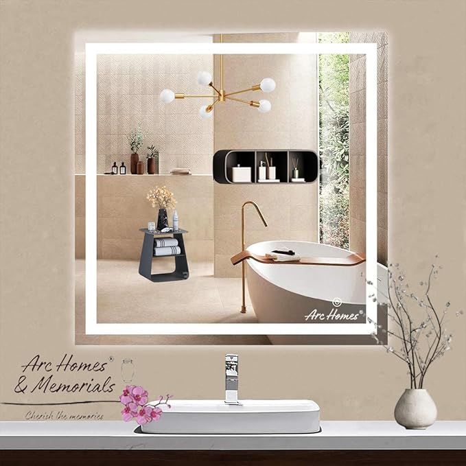 Homes Modern Rectangular Wall Led Mirror With Touch Sensor | Bathroom Mirror With Led Lights | Long Mirror For Bedroom Living Room Washbasin Lighting Mirror For Wall (Triple Light, 24x24 "),Glass. ⭐⭐⭐⭐⭐(4.9/5)