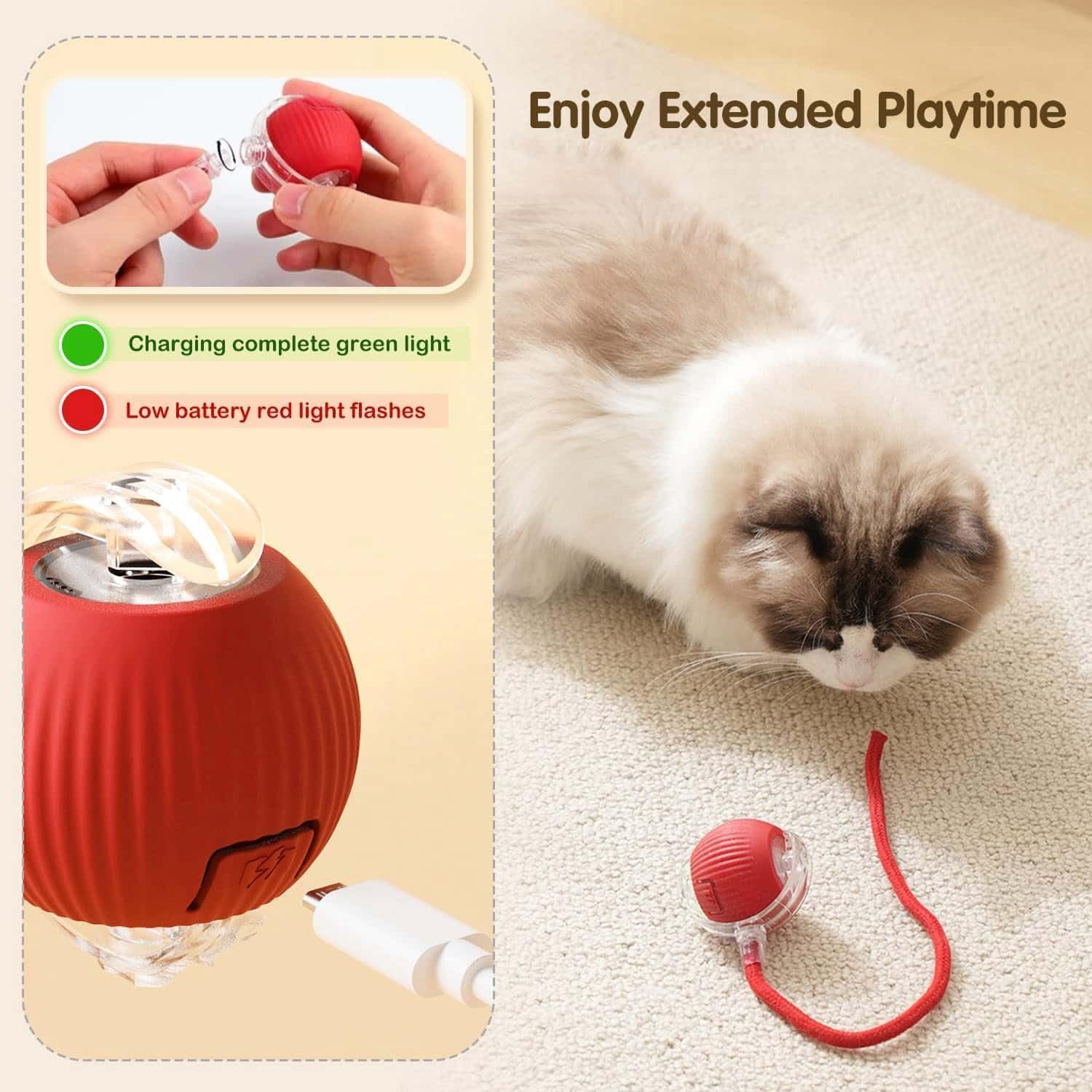 Automatic Rolling Cat Ball Toy, 2-Speed Modes, Teasing Tail & Bell Charm, Interactive Self Play Chasing Silicone Ball Toy for Indoor Cats  ⭐⭐⭐⭐⭐ (4.7/5)